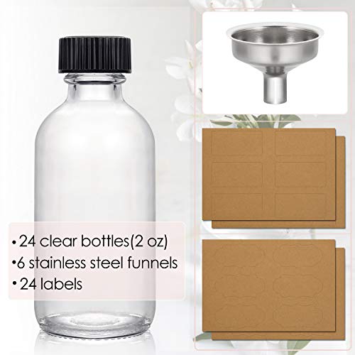 24, 2 oz Small Clear Glass Bottles with Lids & 3 Stainless Steel